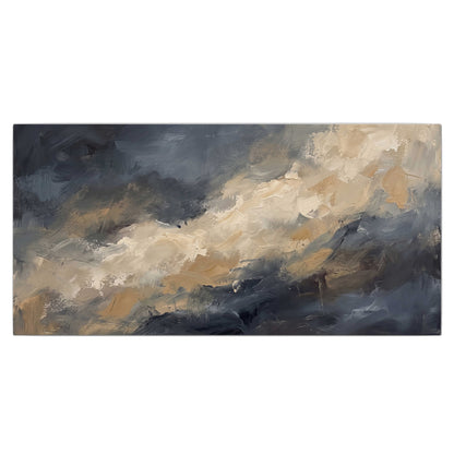 Sweeping charcoal and cream painted clouds with warm gold tones single canvas wall art viewed straight on