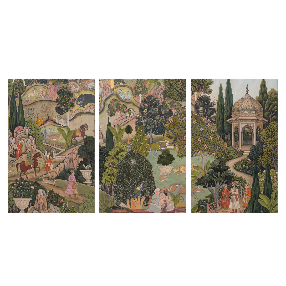 Ornamental garden scene with pavilions, people and animals 3 piece canvas wall art viewed straight on