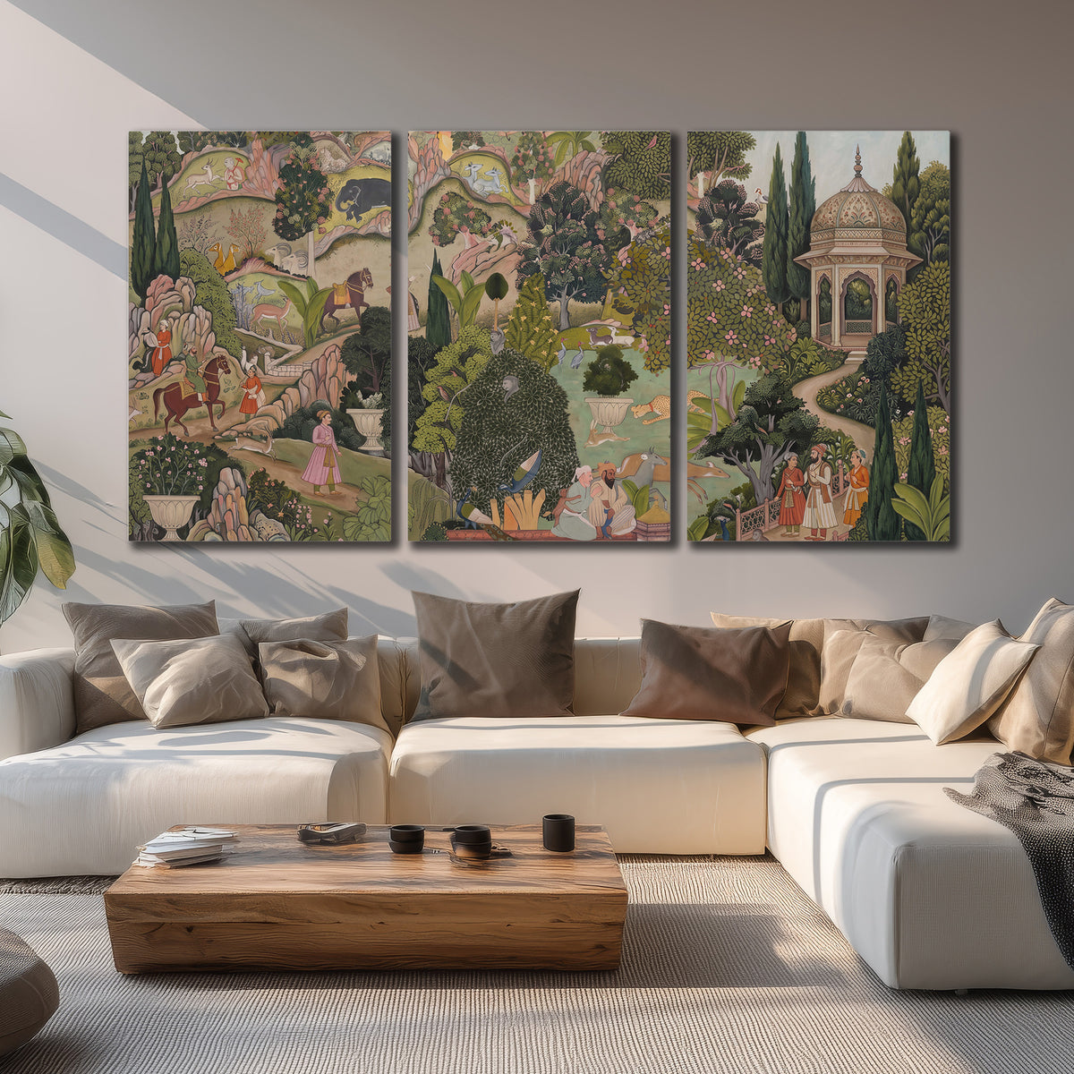 Ornamental garden scene with pavilions, people and animals 3 piece canvas wall art displayed in a living room