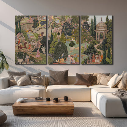 Ornamental garden scene with pavilions, people and animals 3 piece canvas wall art displayed in a living room