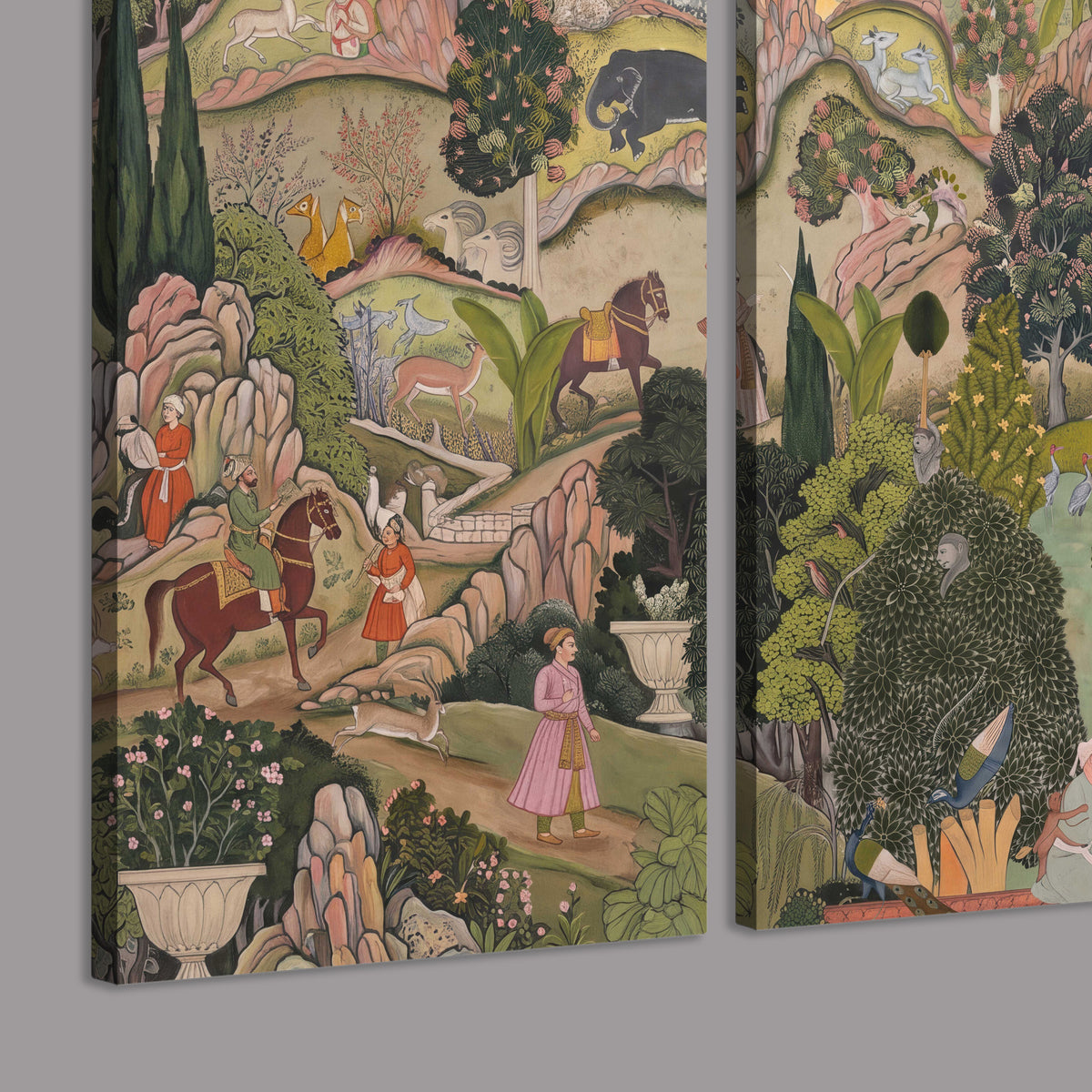 Ornamental garden scene with pavilions, people and animals 3 piece canvas wall art room and product view