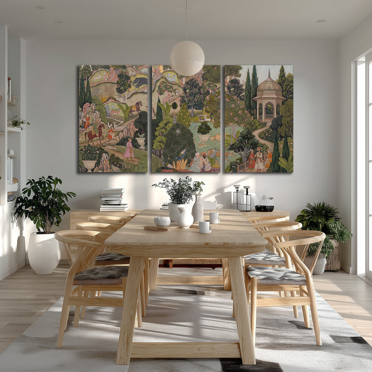 Ornamental garden scene with pavilions, people and animals 3 piece canvas wall art room and product view