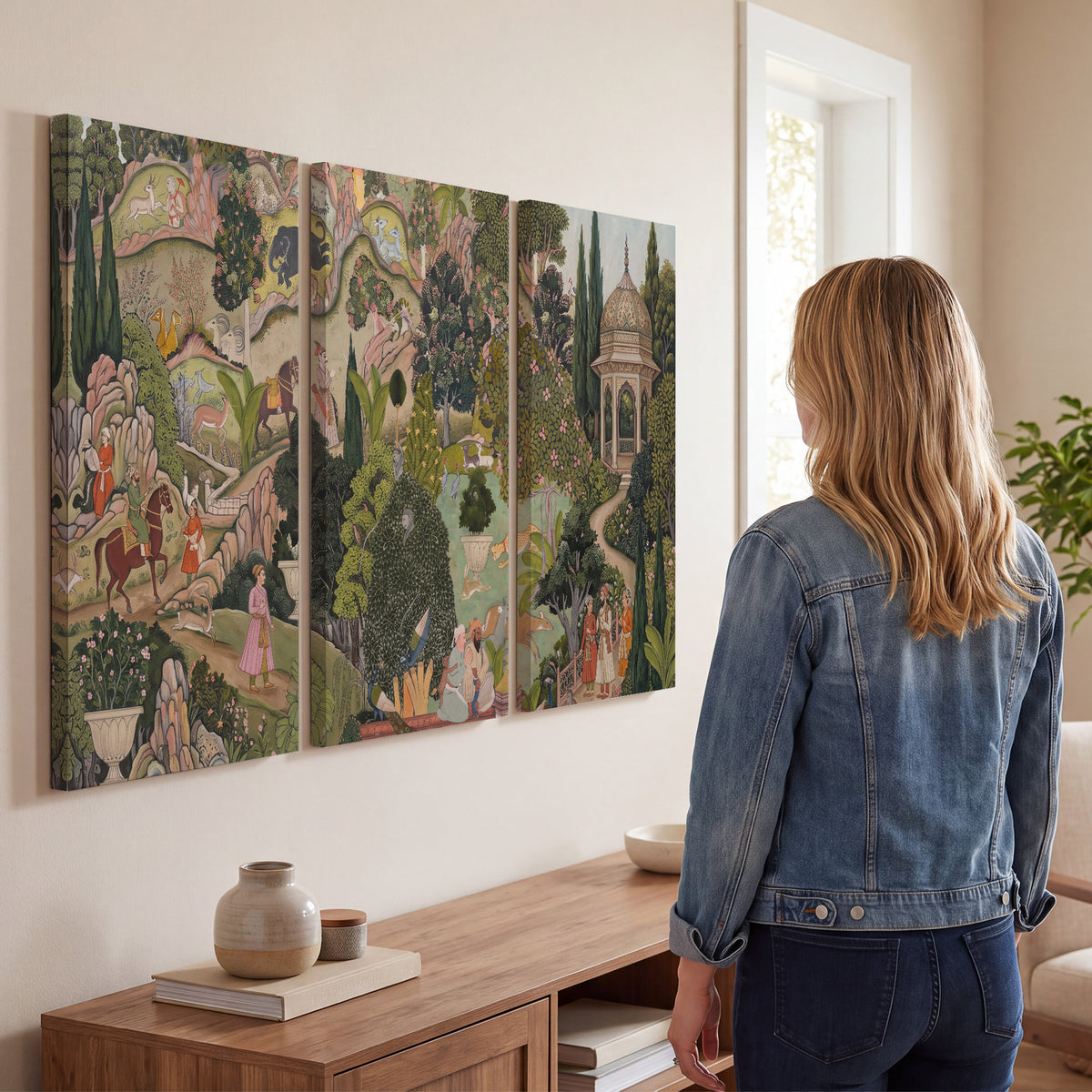 Ornamental garden scene with pavilions, people and animals 3 piece canvas wall art three panel arrangement on a wall