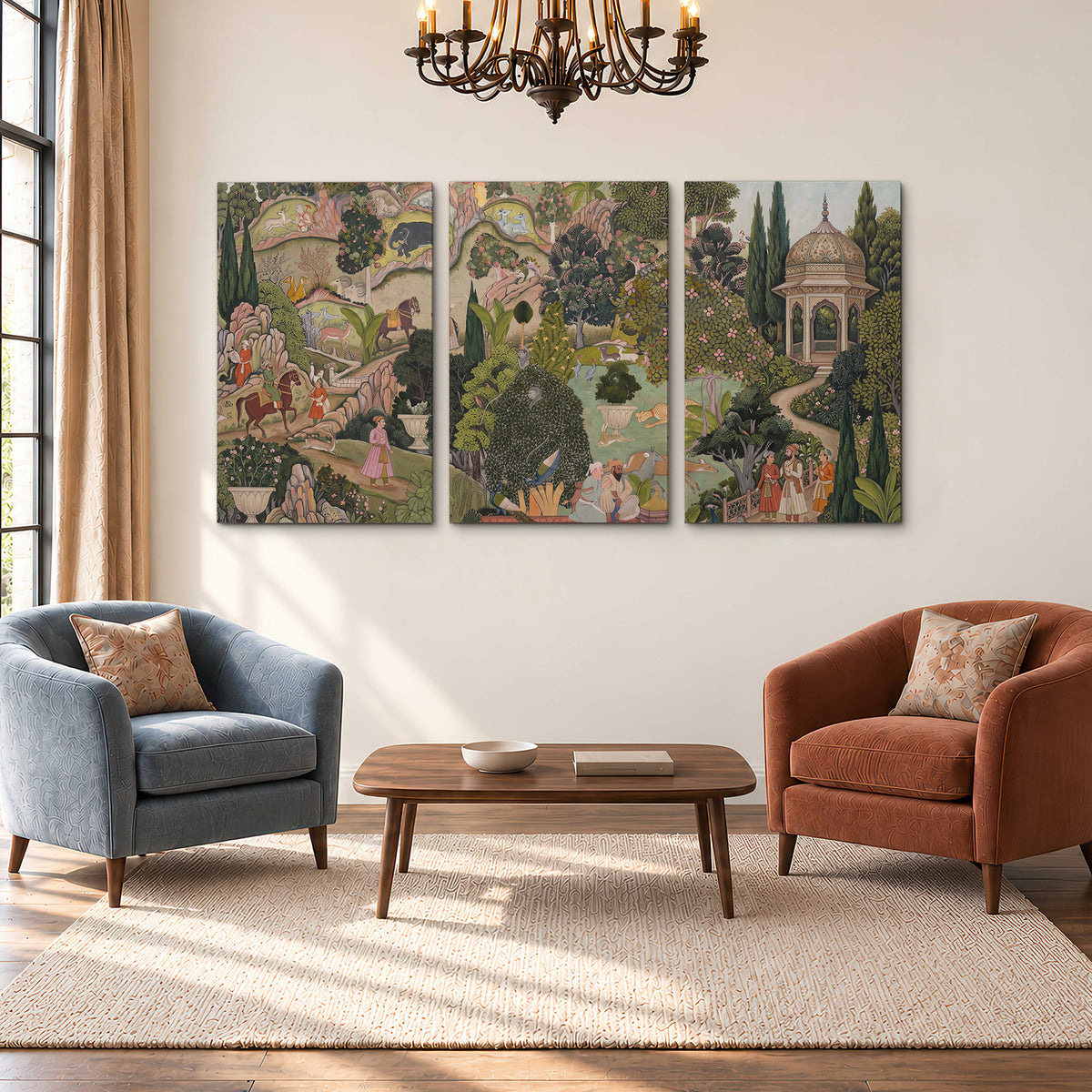 Ornamental garden scene with pavilions, people and animals 3 piece canvas wall art styled in an interior