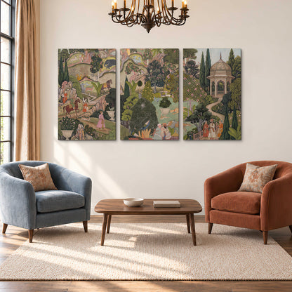 Ornamental garden scene with pavilions, people and animals 3 piece canvas wall art styled in an interior
