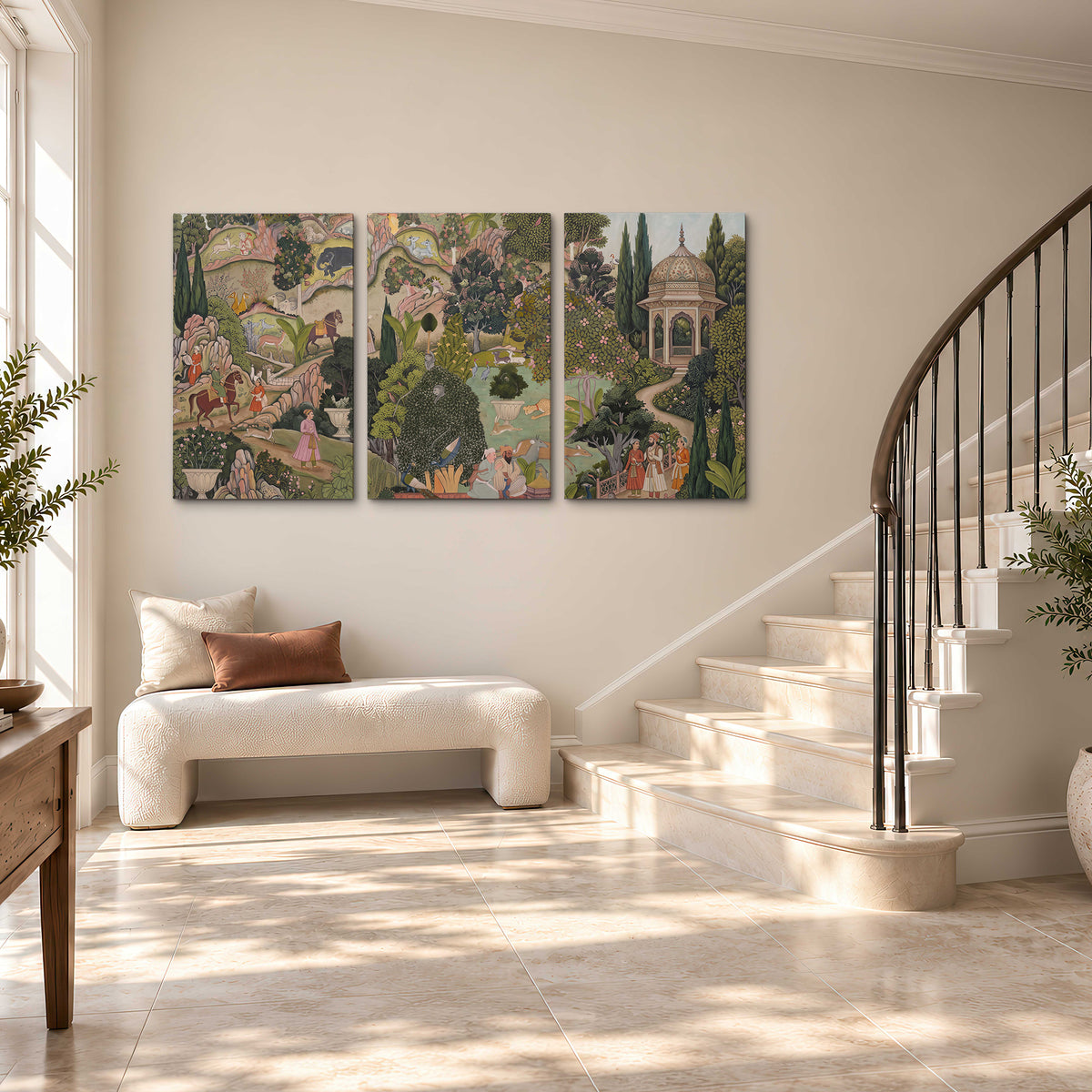 Ornamental garden scene with pavilions, people and animals 3 piece canvas wall art styled in an interior