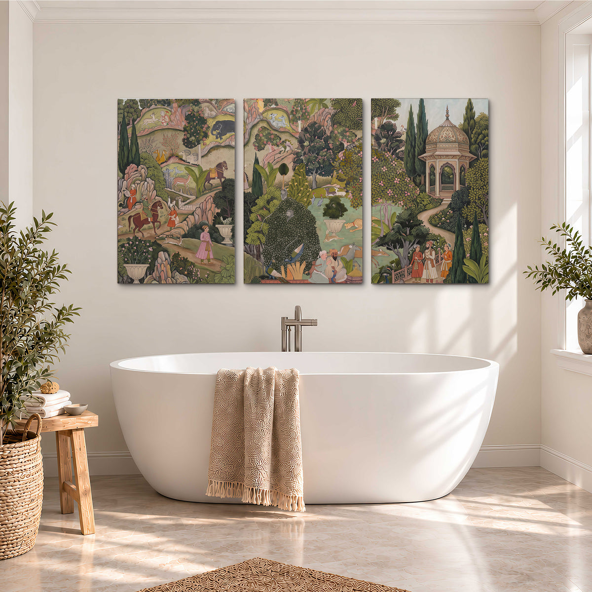 Ornamental garden scene with pavilions, people and animals 3 piece canvas wall art styled in an interior
