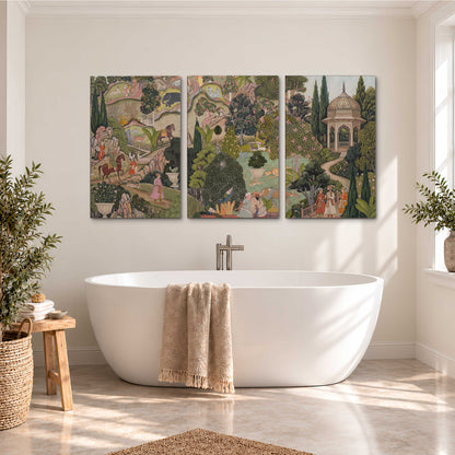 Ornamental garden scene with pavilions, people and animals 3 piece canvas wall art styled in an interior
