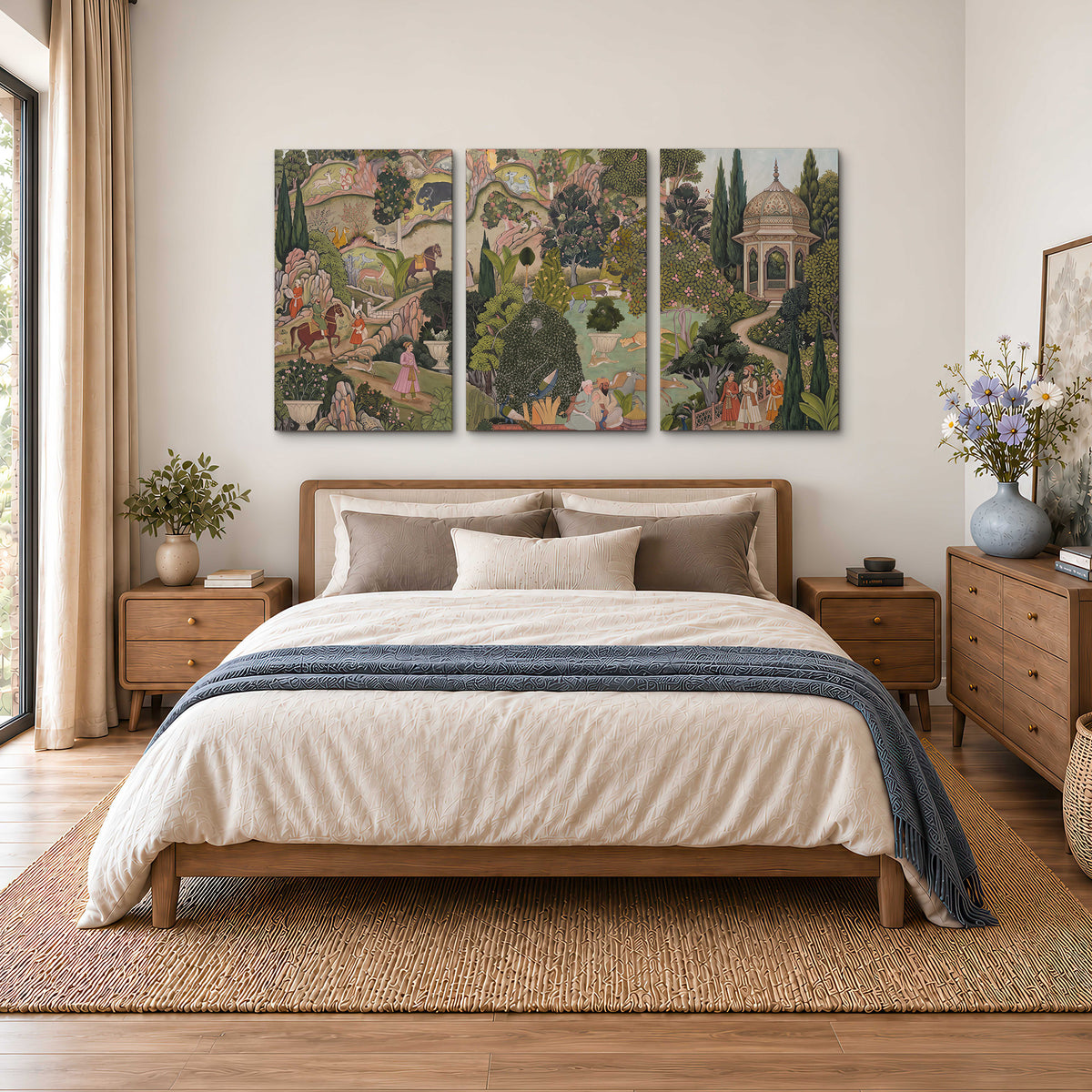 Ornamental garden scene with pavilions, people and animals 3 piece canvas wall art styled in an interior