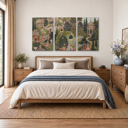 Ornamental garden scene with pavilions, people and animals 3 piece canvas wall art styled in an interior