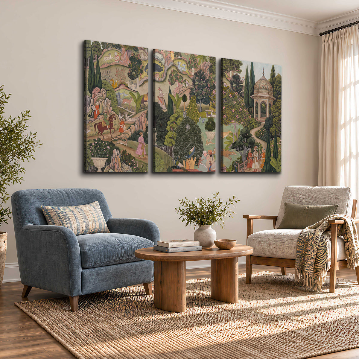 Ornamental garden scene with pavilions, people and animals 3 piece canvas wall art styled in an interior