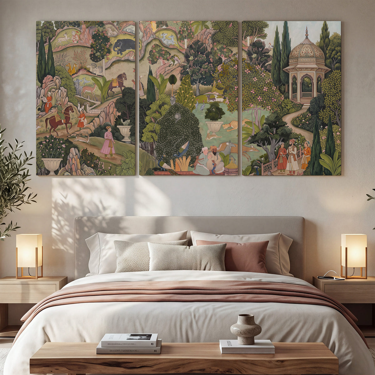 Ornamental garden scene with pavilions, people and animals 3 piece canvas wall art displayed in a bedroom