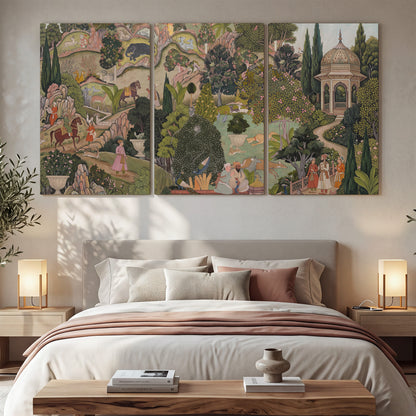 Ornamental garden scene with pavilions, people and animals 3 piece canvas wall art displayed in a bedroom