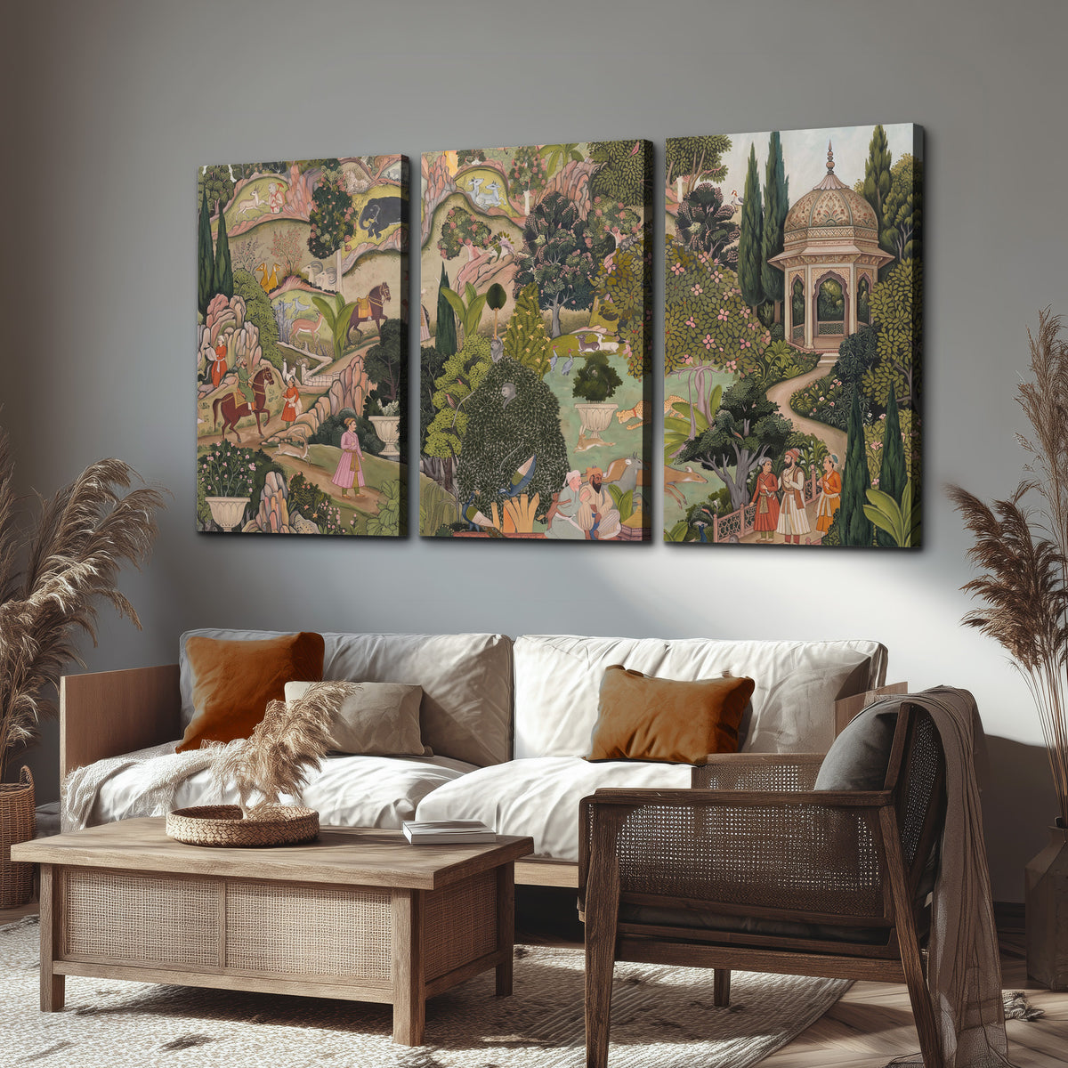 Ornamental garden scene with pavilions, people and animals 3 piece canvas wall art displayed in a rustic living room