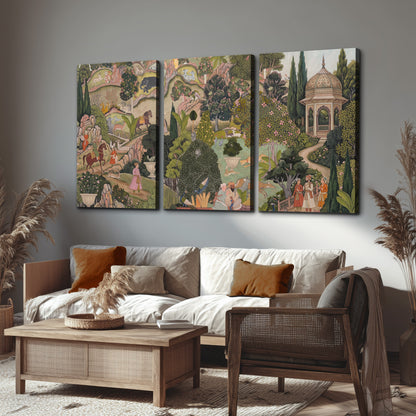 Ornamental garden scene with pavilions, people and animals 3 piece canvas wall art displayed in a rustic living room