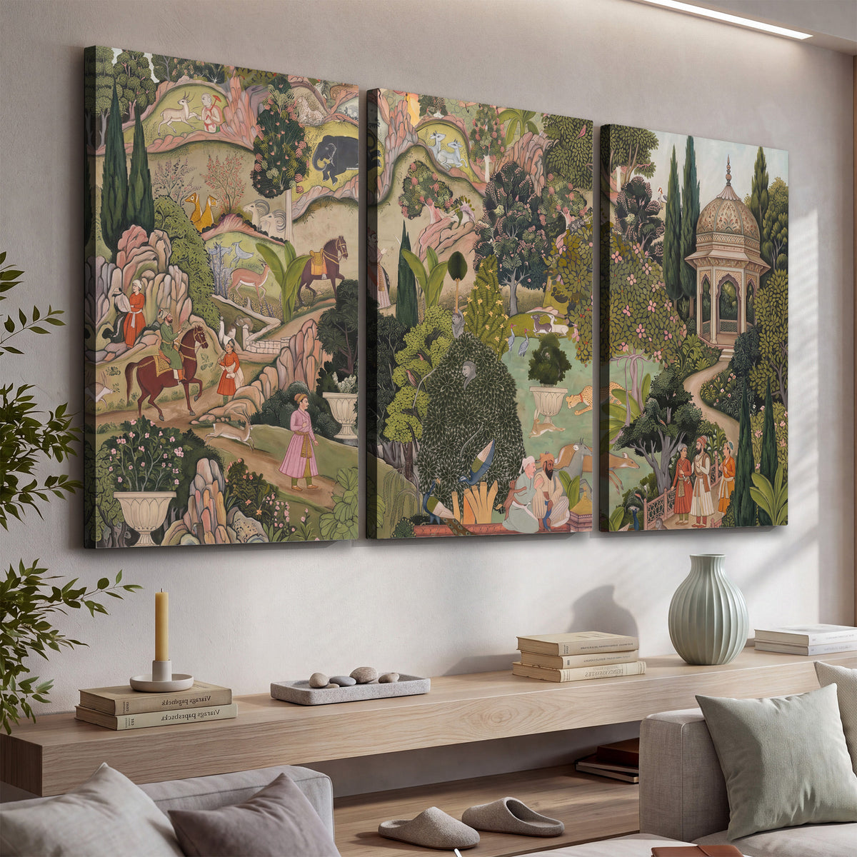 Ornamental garden scene with pavilions, people and animals 3 piece canvas wall art displayed in a console