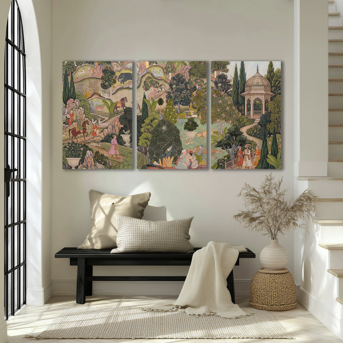 Ornamental garden scene with pavilions, people and animals 3 piece canvas wall art displayed in a entryway