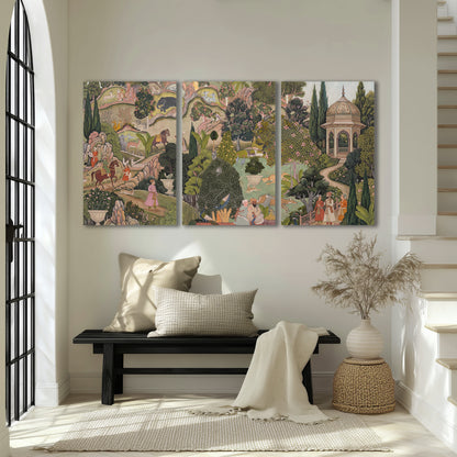 Ornamental garden scene with pavilions, people and animals 3 piece canvas wall art displayed in a entryway