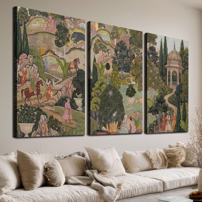 Ornamental garden scene with pavilions, people and animals 3 piece canvas wall art room and product view
