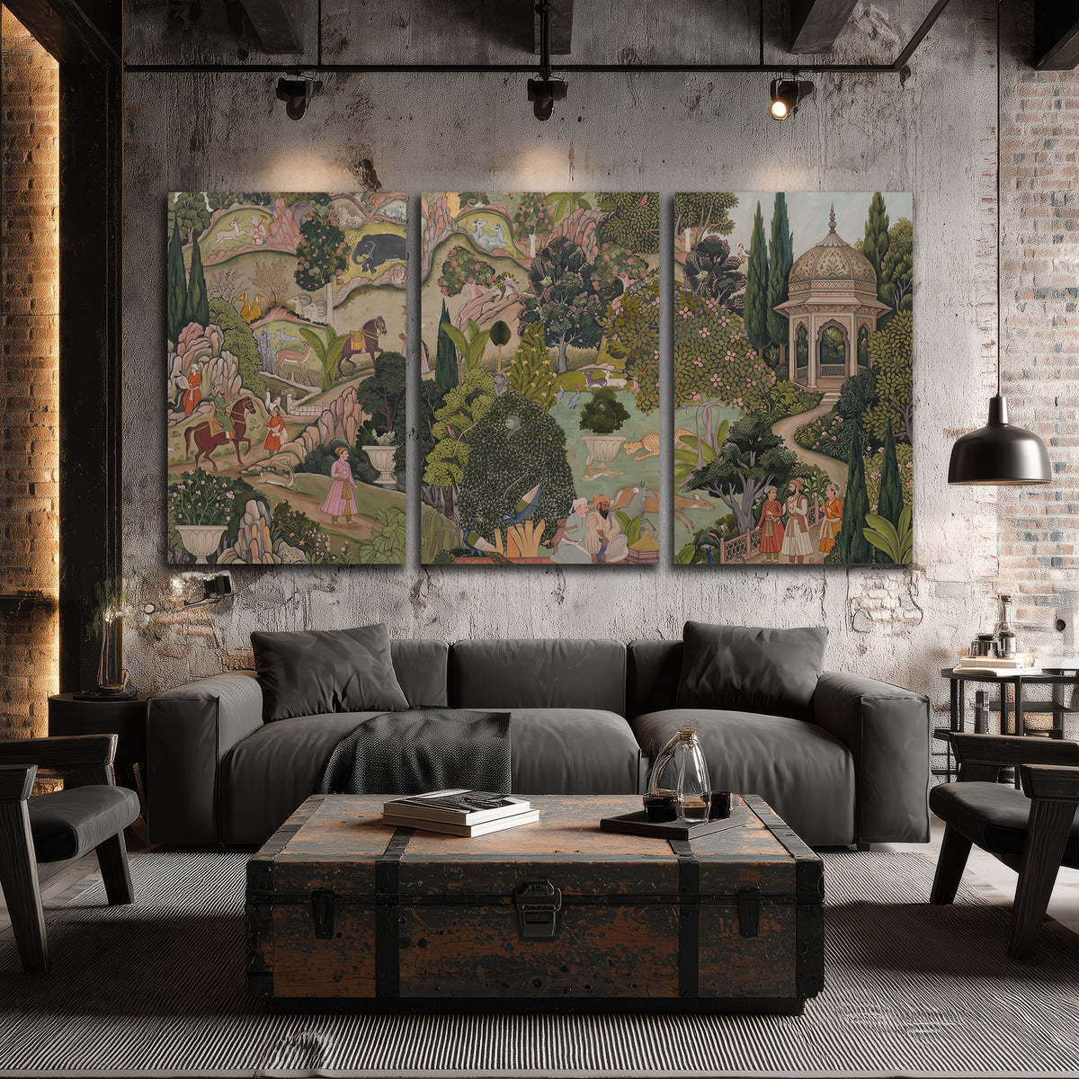 Ornamental garden scene with pavilions, people and animals 3 piece canvas wall art displayed in a industrial room