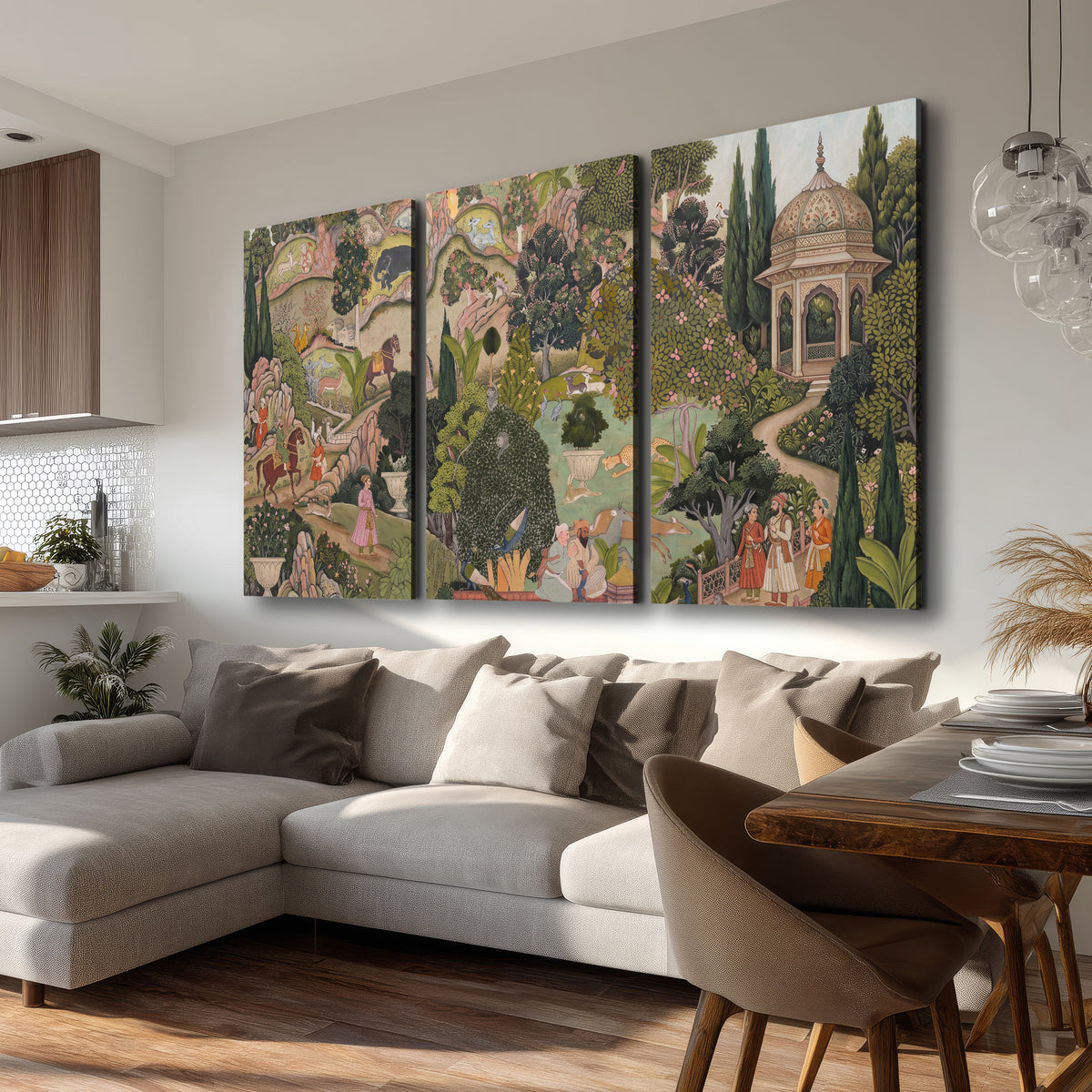 Ornamental garden scene with pavilions, people and animals 3 piece canvas wall art room and product view