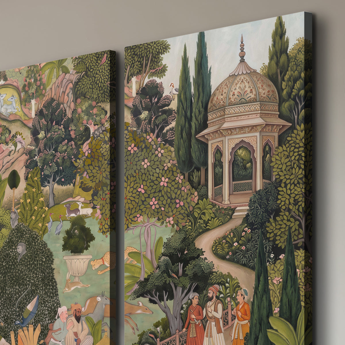 Ornamental garden scene with pavilions, people and animals 3 piece canvas wall art room and product view