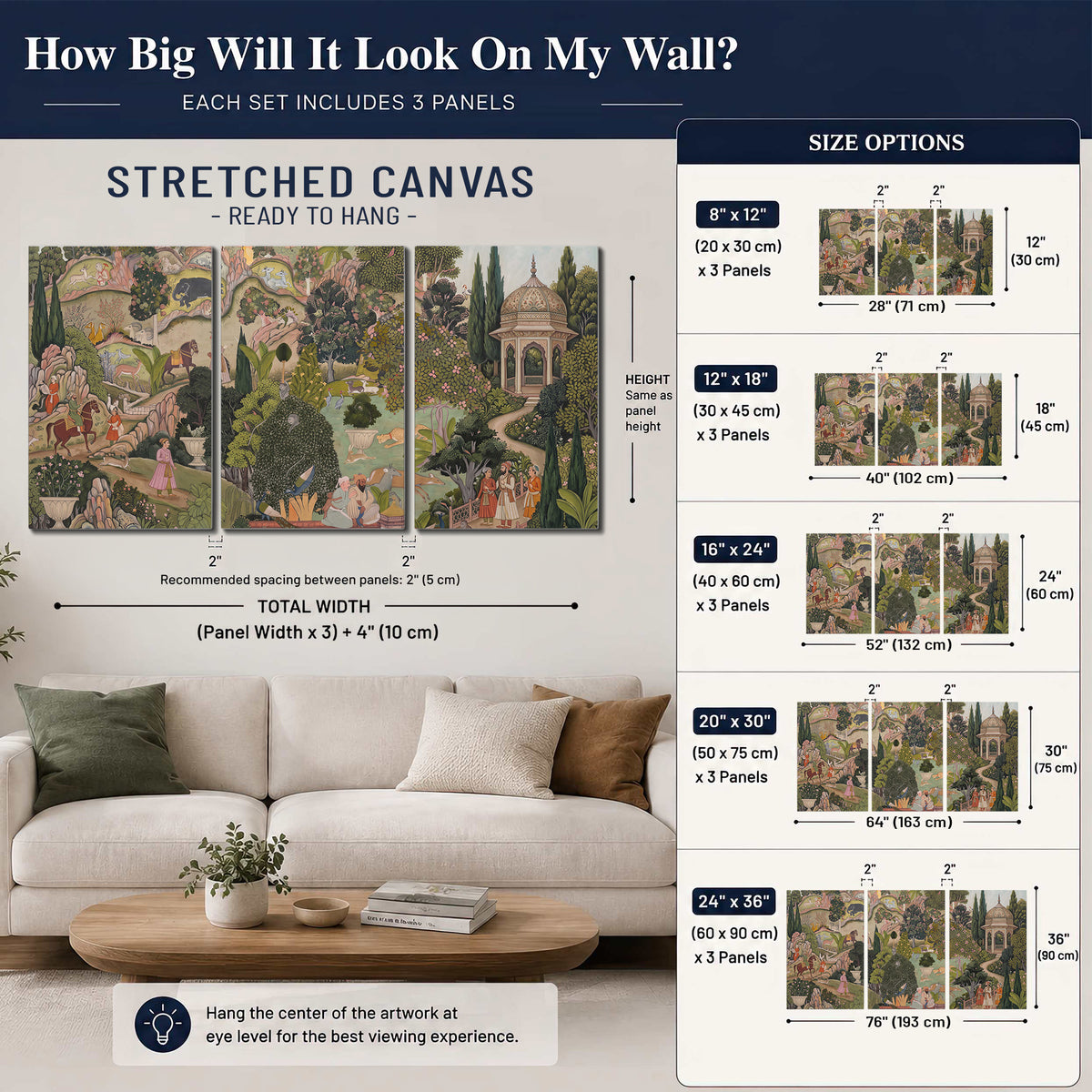 Ornamental garden scene with pavilions, people and animals 3 piece canvas wall art size guide above a sofa; room view is illustrative