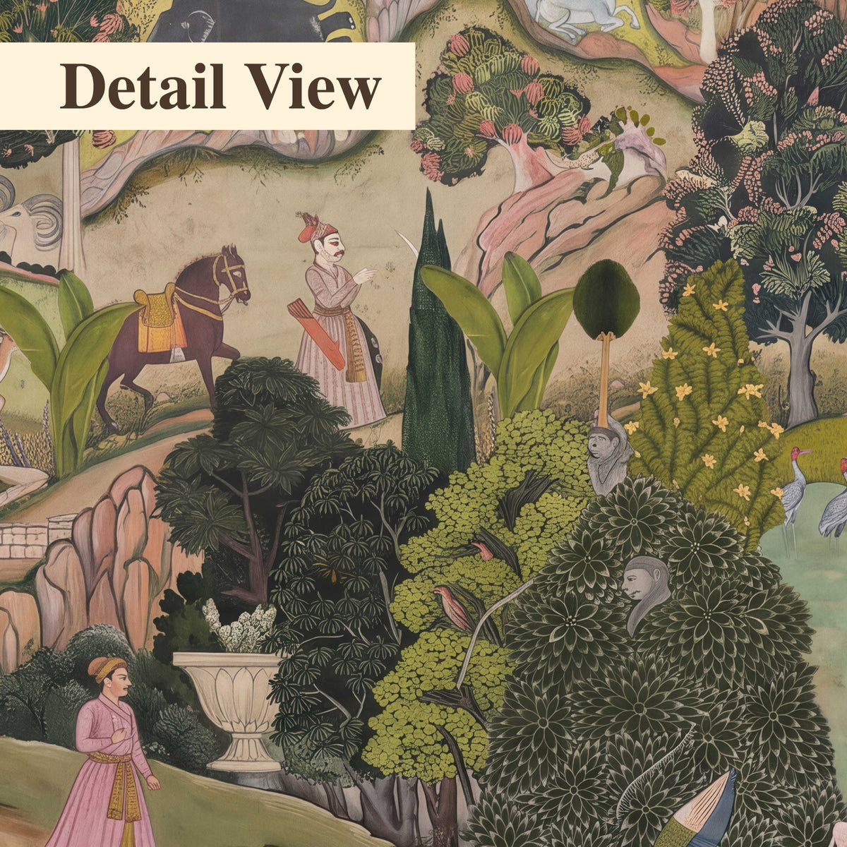 Ornamental garden scene with pavilions, people and animals 3 piece canvas wall art artwork detail close up