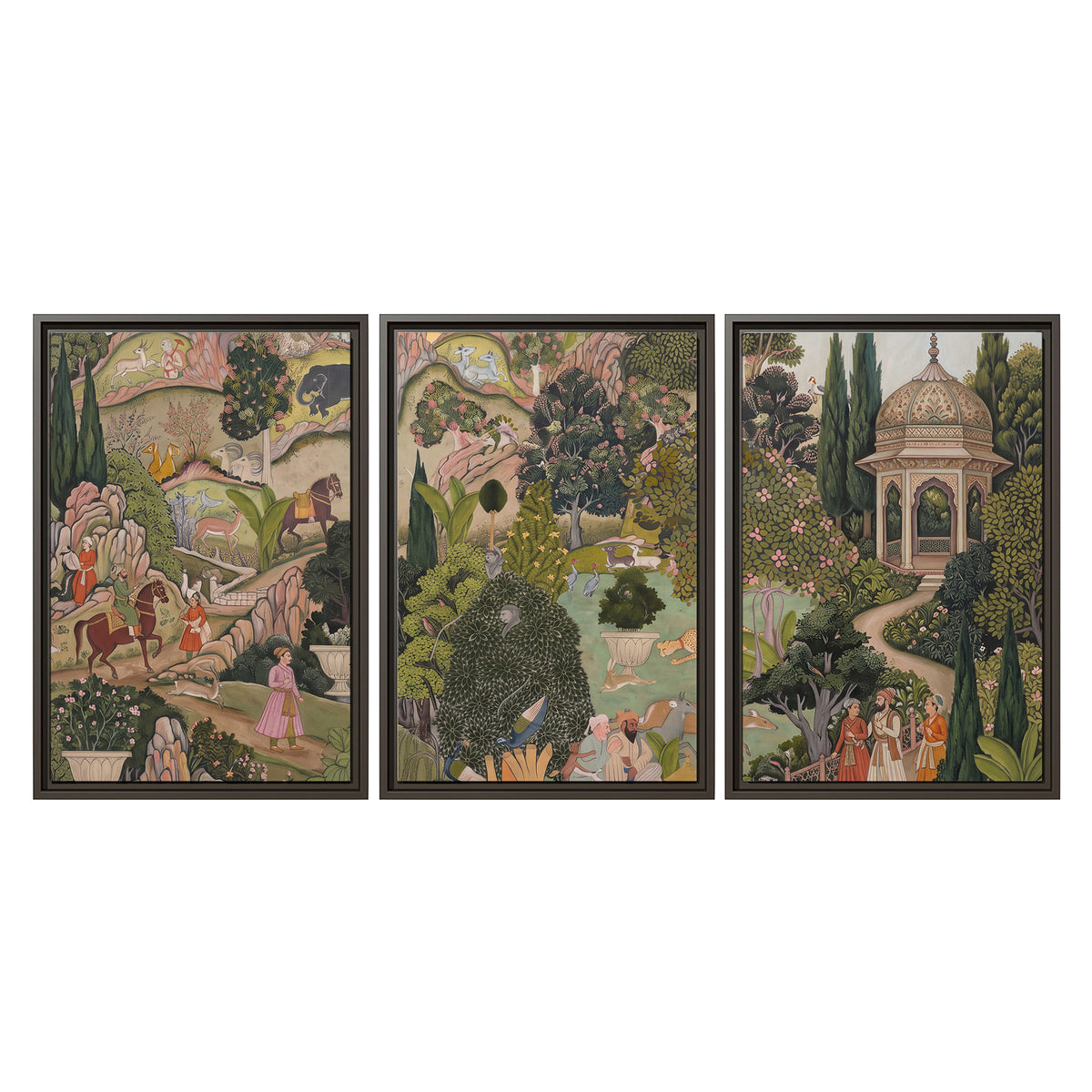 Ornamental garden scene with pavilions, people and animals 3 piece framed canvas wall art viewed straight on