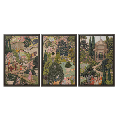 Ornamental garden scene with pavilions, people and animals 3 piece framed canvas wall art viewed straight on