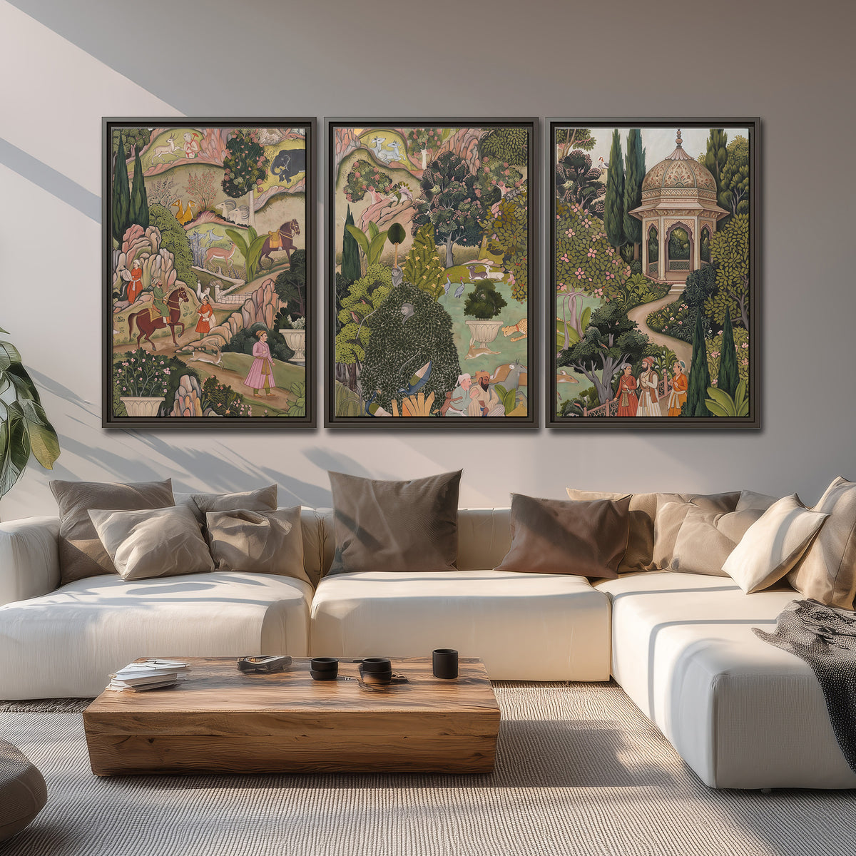 Ornamental garden scene with pavilions, people and animals 3 piece framed canvas wall art displayed in a living room