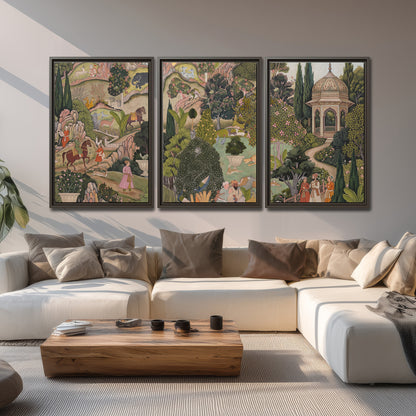 Ornamental garden scene with pavilions, people and animals 3 piece framed canvas wall art displayed in a living room