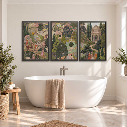 Ornamental garden scene with pavilions, people and animals 3 piece framed canvas wall art styled in an interior