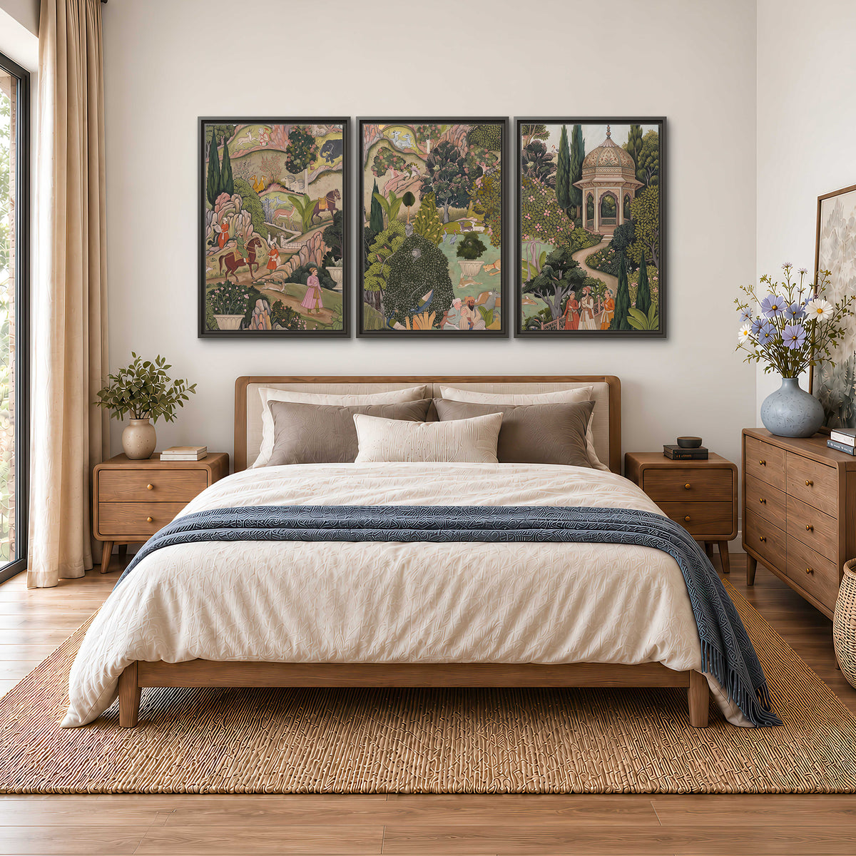 Ornamental garden scene with pavilions, people and animals 3 piece framed canvas wall art styled in an interior