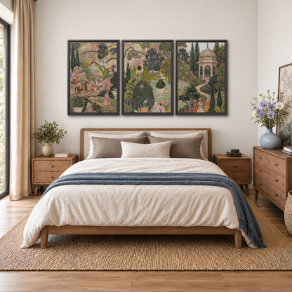 Ornamental garden scene with pavilions, people and animals 3 piece framed canvas wall art styled in an interior