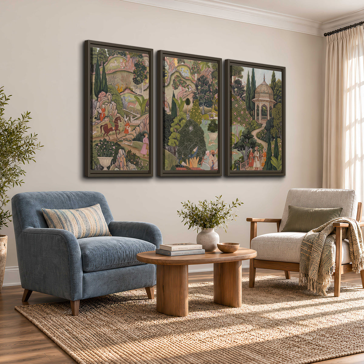 Ornamental garden scene with pavilions, people and animals 3 piece framed canvas wall art styled in an interior