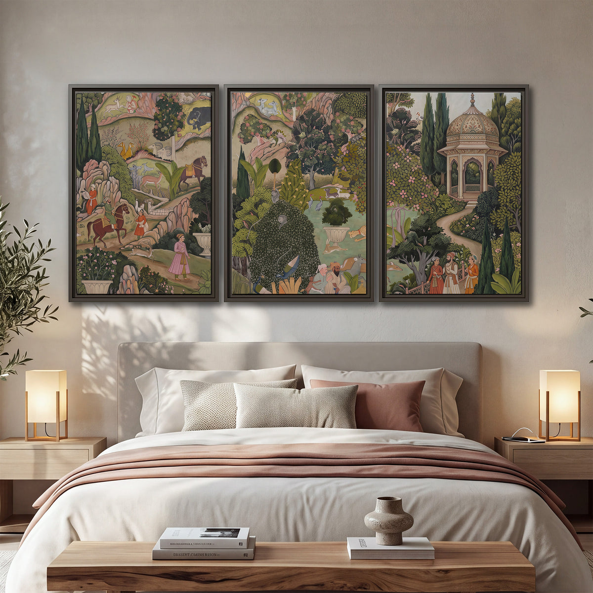 Ornamental garden scene with pavilions, people and animals 3 piece framed canvas wall art displayed in a bedroom
