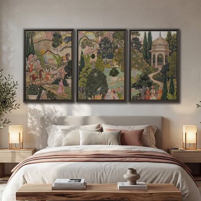 Ornamental garden scene with pavilions, people and animals 3 piece framed canvas wall art displayed in a bedroom