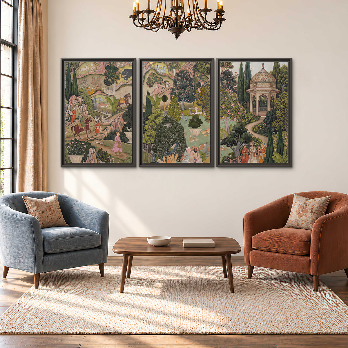 Ornamental garden scene with pavilions, people and animals 3 piece framed canvas wall art styled in an interior
