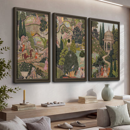 Ornamental garden scene with pavilions, people and animals 3 piece framed canvas wall art displayed in a console