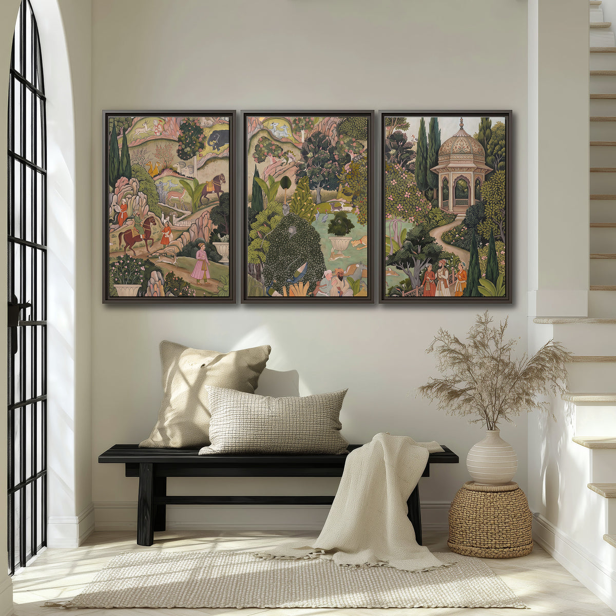 Ornamental garden scene with pavilions, people and animals 3 piece framed canvas wall art displayed in a entryway