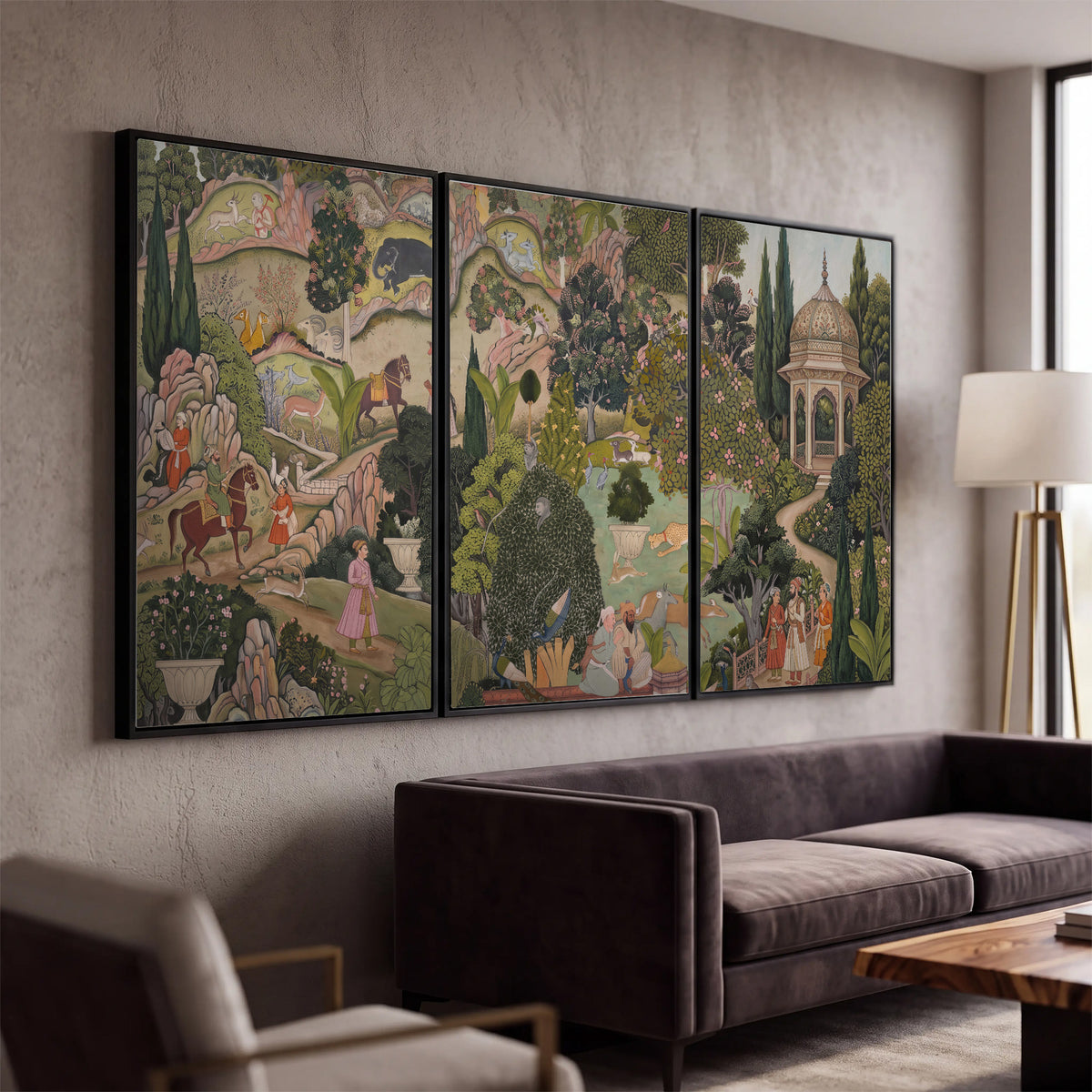 Ornamental garden scene with pavilions, people and animals 3 piece framed canvas wall art displayed in a modern living room