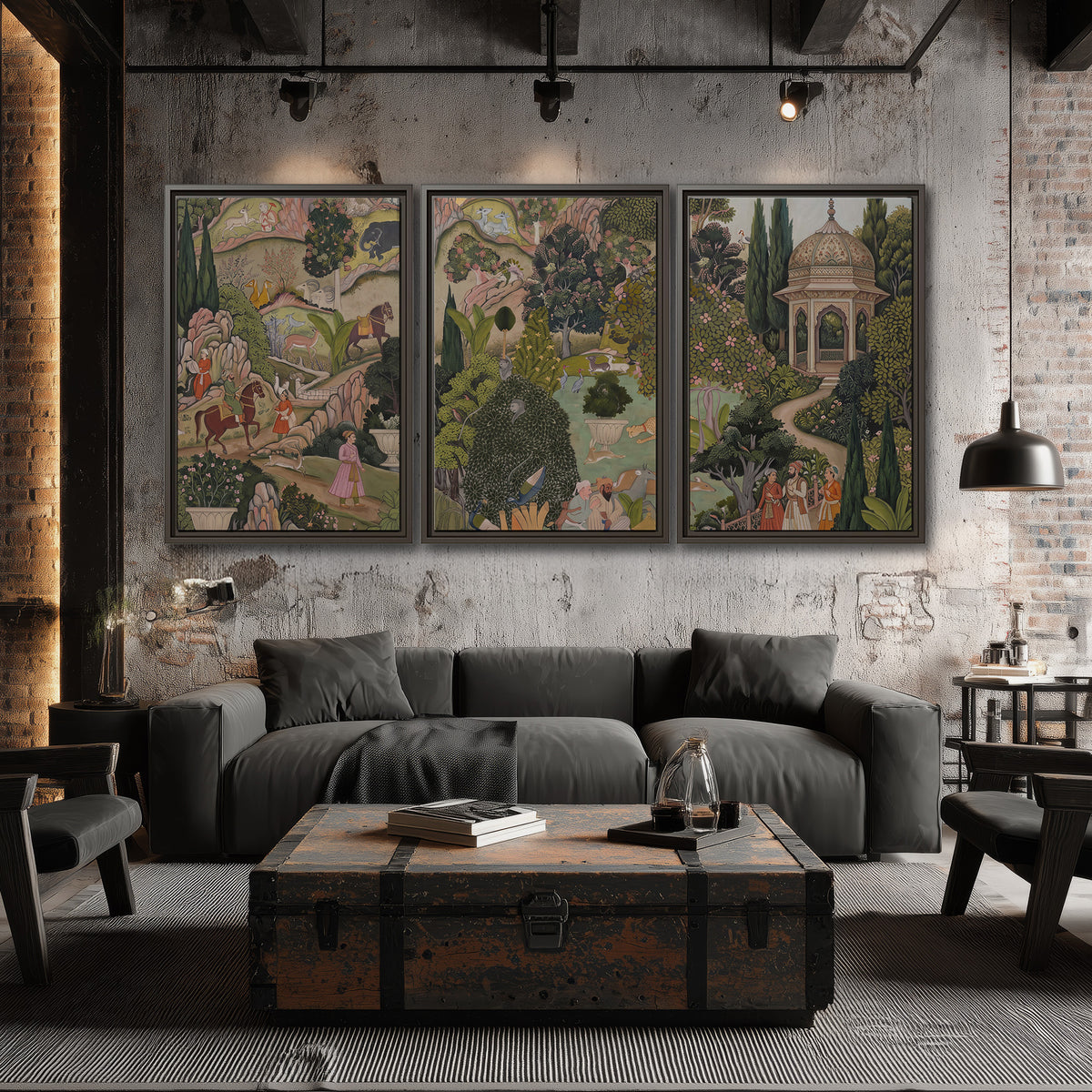 Ornamental garden scene with pavilions, people and animals 3 piece framed canvas wall art displayed in a industrial room