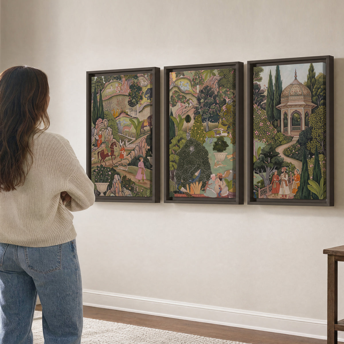 Ornamental garden scene with pavilions, people and animals 3 piece framed canvas wall art three panel arrangement on a wall