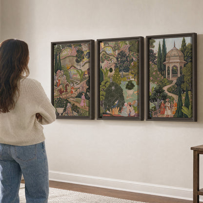 Ornamental garden scene with pavilions, people and animals 3 piece framed canvas wall art three panel arrangement on a wall