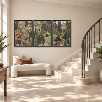 Ornamental garden scene with pavilions, people and animals 3 piece framed canvas wall art styled in an interior