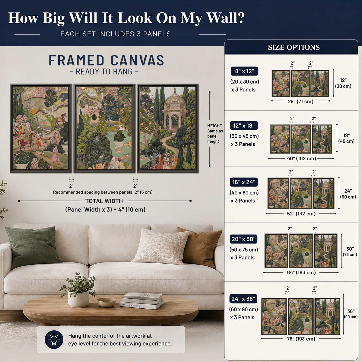 Ornamental garden scene with pavilions, people and animals 3 piece framed canvas wall art size guide above a sofa; room view is illustrative