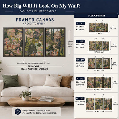 Ornamental garden scene with pavilions, people and animals 3 piece framed canvas wall art size guide above a sofa; room view is illustrative