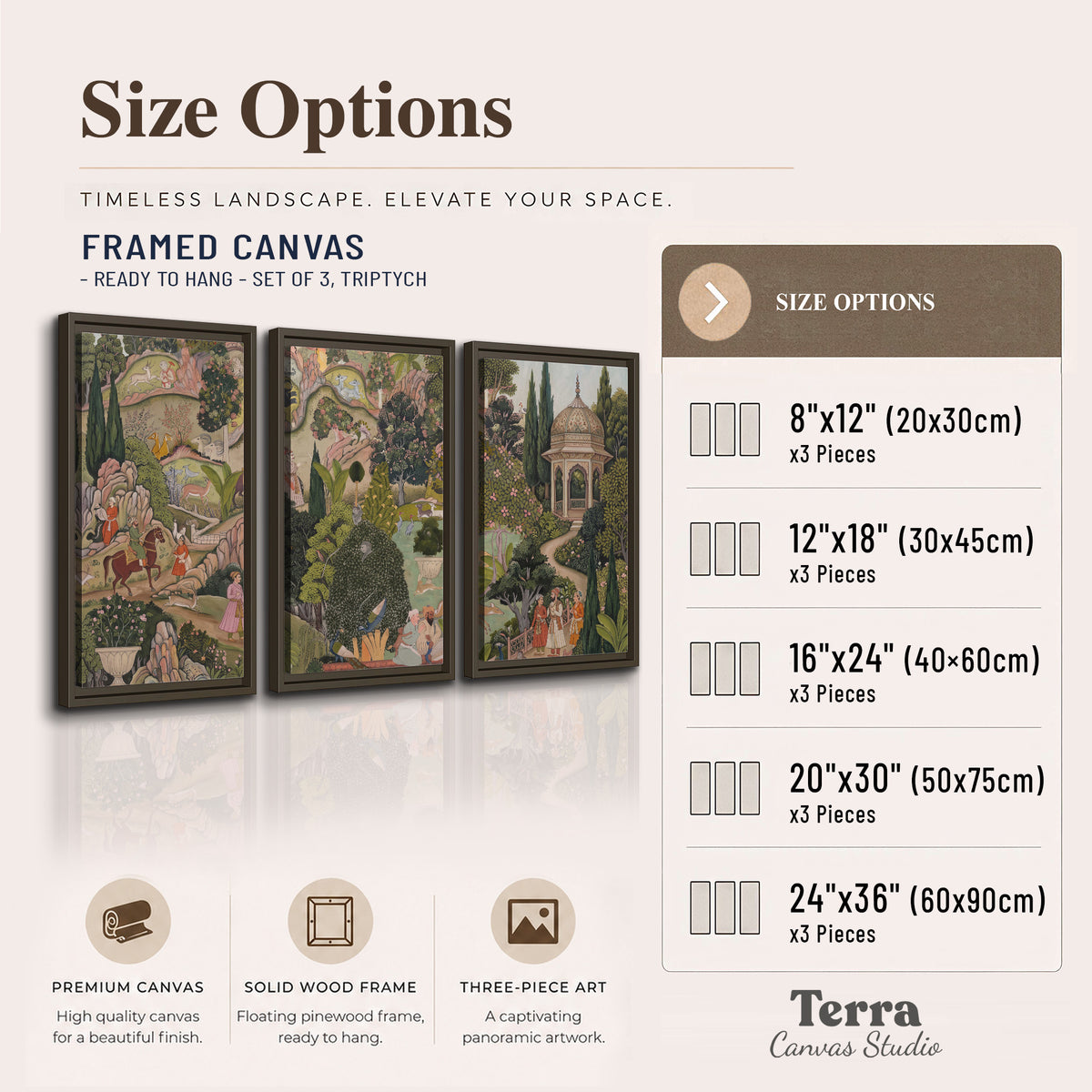 Ornamental garden scene with pavilions, people and animals 3 piece framed canvas wall art available dimensions; triptych dimensions are per panel