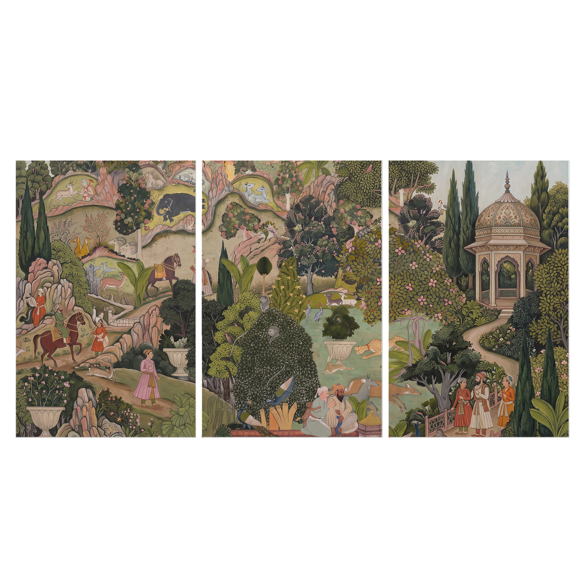 Ornamental garden scene with pavilions, people and animals set of 3 poster prints viewed straight on